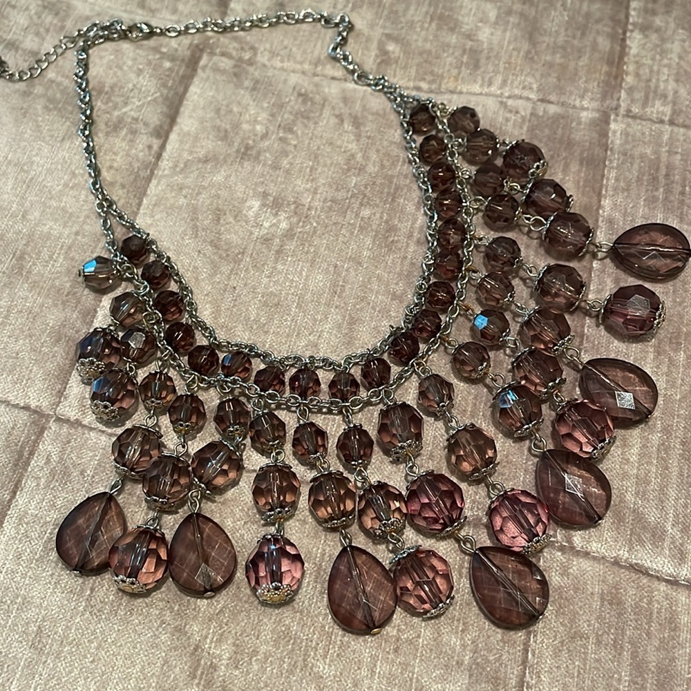 Purple  Faceted Bead Bib Necklace silver 14-16” to 20-22” belly dancer